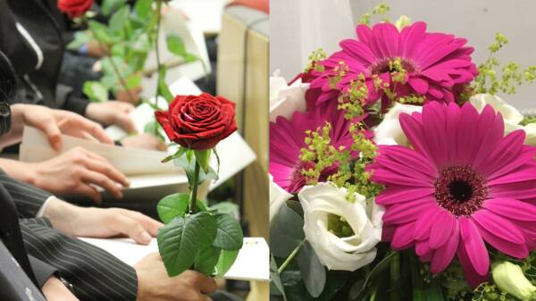 Punainen ruusu, henkilöiden kädet, kukkakimppu, jossa pinkkejä ja valkoisia kukkia.