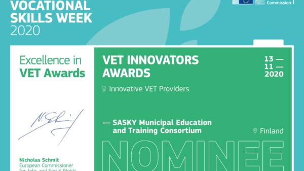 Kunniakirja, jossa teksti VET Innovators Awards Sasky Nominee.