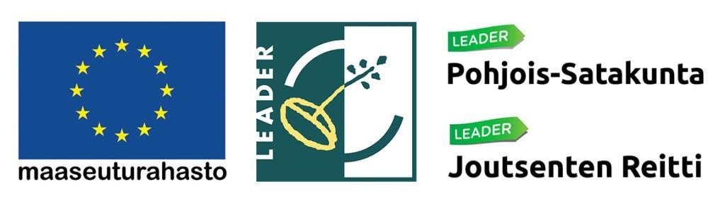 Hankerahoittajien logoja, EU maaseuturahasto, Leader, Leader Pohjois-Satakunta ja Leader Joutsenten Reitti.
