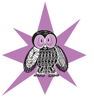 Violetin tähden päällä mustavalkoinen piirroskuva pöllöstä.