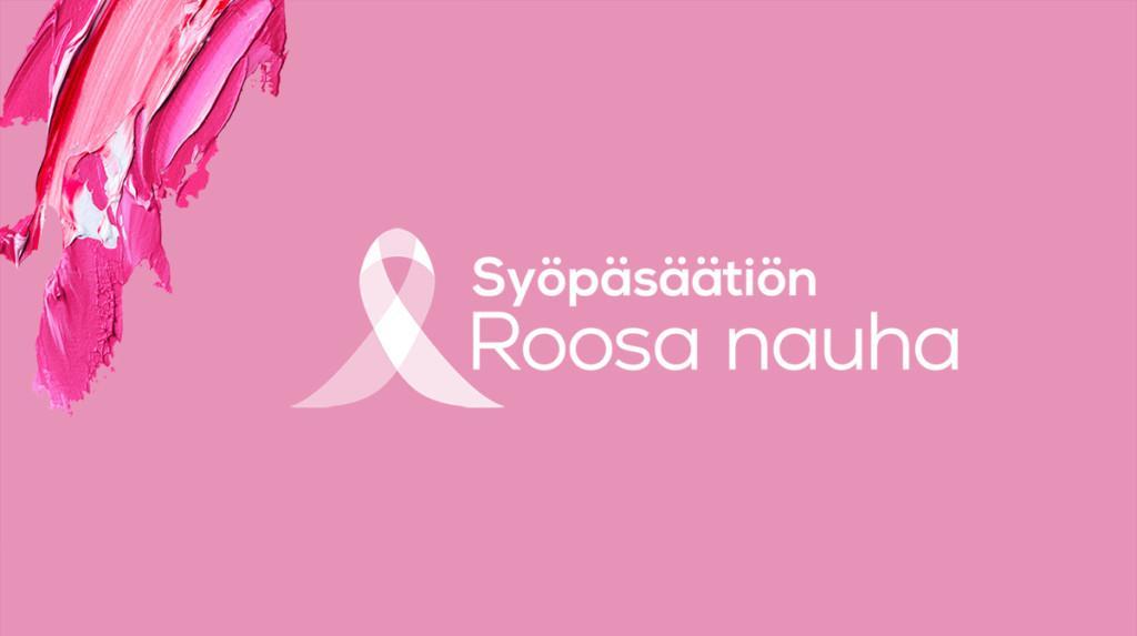Vaaleanpunaisella pohjalla valkoinen teksti, syöpäsäätiön Roosa nauha.