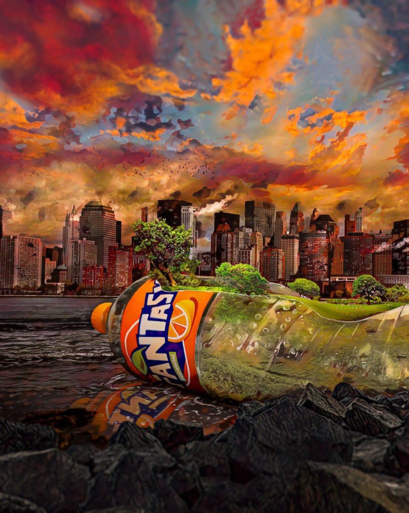 Tietokoneella tehty kuva, jossa taustalla suurkaupunkimaisema, jonka yllä oransseja pilviä, kuvassa etualla muovipullo, josta versoo puita.