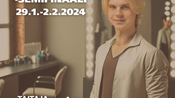Vaaleahiuksinen henkilö vaaleassa takissa, taustalla näkyy peili ja kampauspöytä, kuvassa teksti Taitaja2024 -semifinaali.