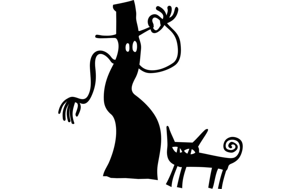Mustavalkoinen pelkistetty piirroskuva hattupäisestä mörköstä ja kissasta.