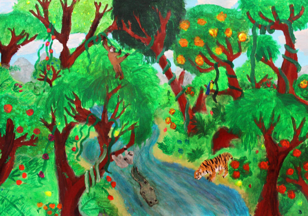 Värikäs maalaus, jossa on joki, puita ja muuta kasvustoa joen ympärillä sekä viidakon eläimiä.