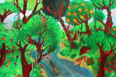 Värikäs maalaus, jossa on joki, puita ja muuta kasvustoa joen ympärillä sekä viidakon eläimiä.