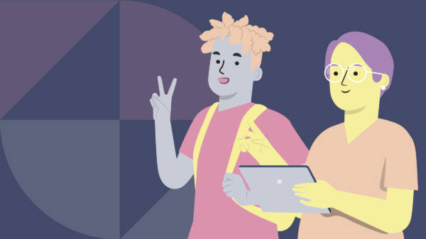 Graafisessa kuvassa tummansinisellä taustalla kaksi ihmishahmoa. Toinen näyttää somillaan voitonmerkkiä, toisella on kädessään tabletti-laite.