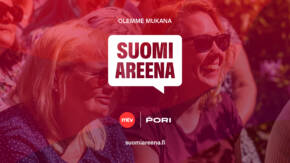 Punaiseksi sävytetty kuva, jossa kaksi hymyilevää henkilöä, kuvan päällä teksti Olemme mukana Suomi Areena.