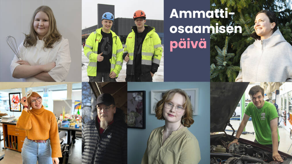 Kuvakollaasi eri alojen opiskelijoista, kuvassa myös teksti ammattiosaamisen päivä.