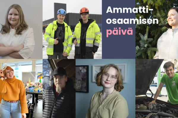 Kuvakollaasi eri alojen opiskelijoista, kuvassa myös teksti ammattiosaamisen päivä.