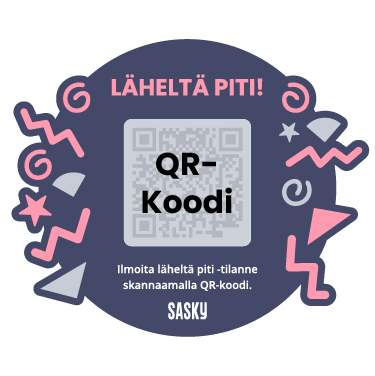 Sinisellä pohjalla tekstit: Läheltä piti, QR-koodi, ilmoita läheltä piti -tilanne skannaamalla QR-koodi, SASKY.